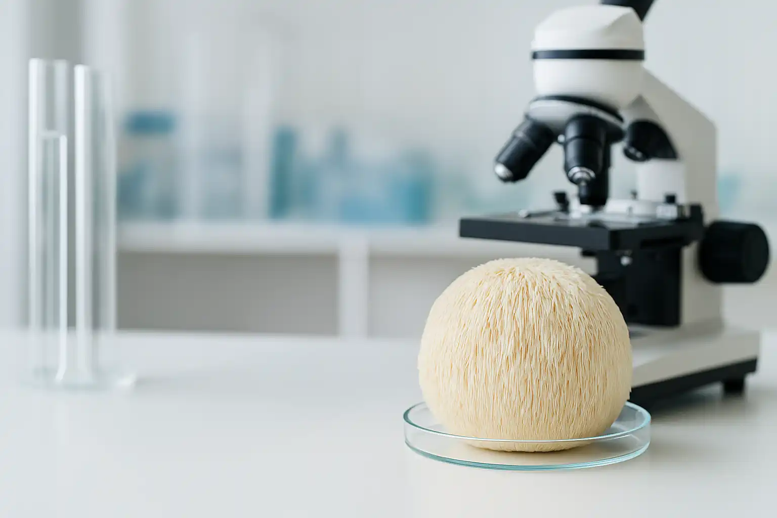 Lion’s Mane mushroom sample in a petri dish next to a microscope in a scientific lab setting