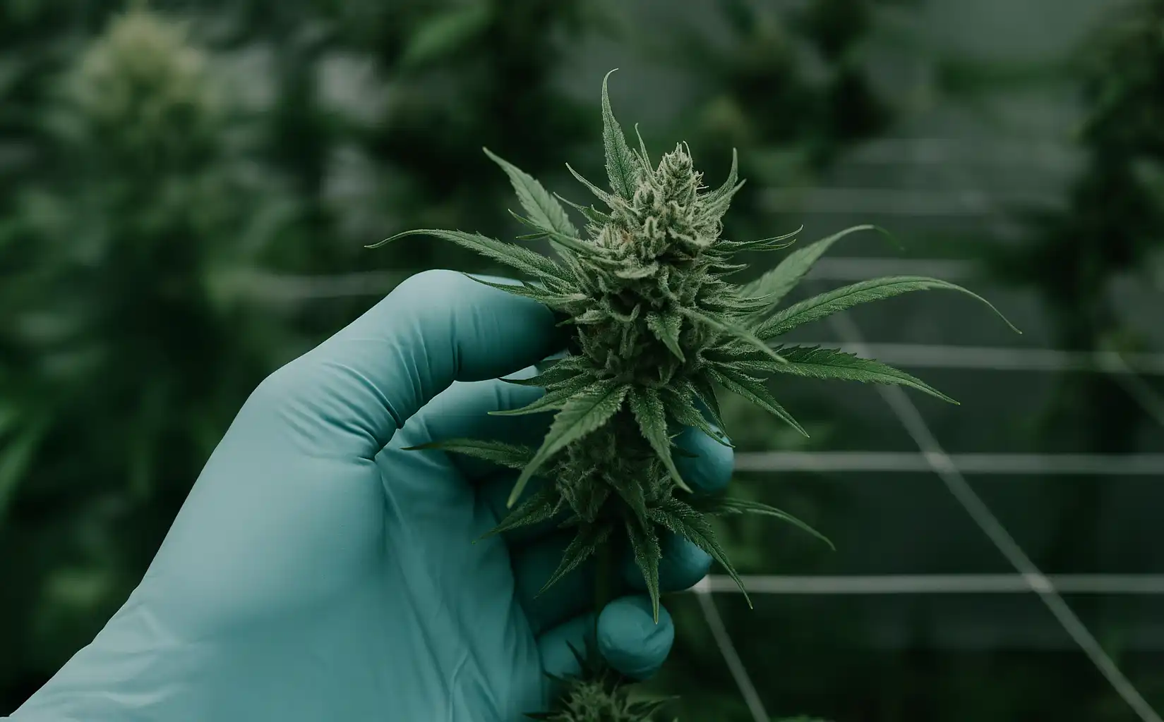 Gloved hand holding mature cannabis bud in pharmaceutical-grade indoor cultivation facility in the UK